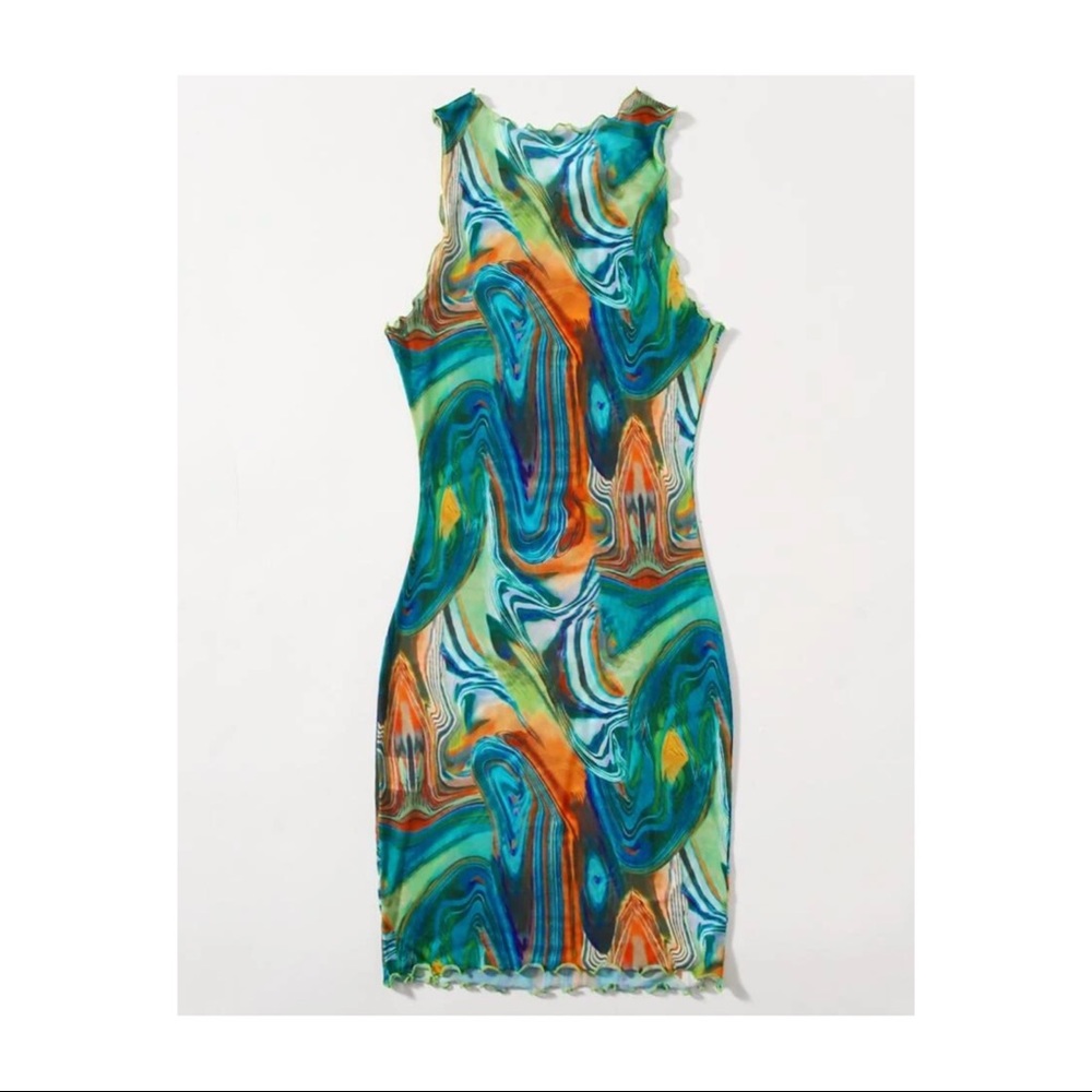 Shein Lettuce Trim Marble Print Bodycon Mesh Dress